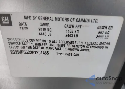 2006 Pontiac Grand Prix z USA, uszkodzony, nr VIN 2G2WP552361201485